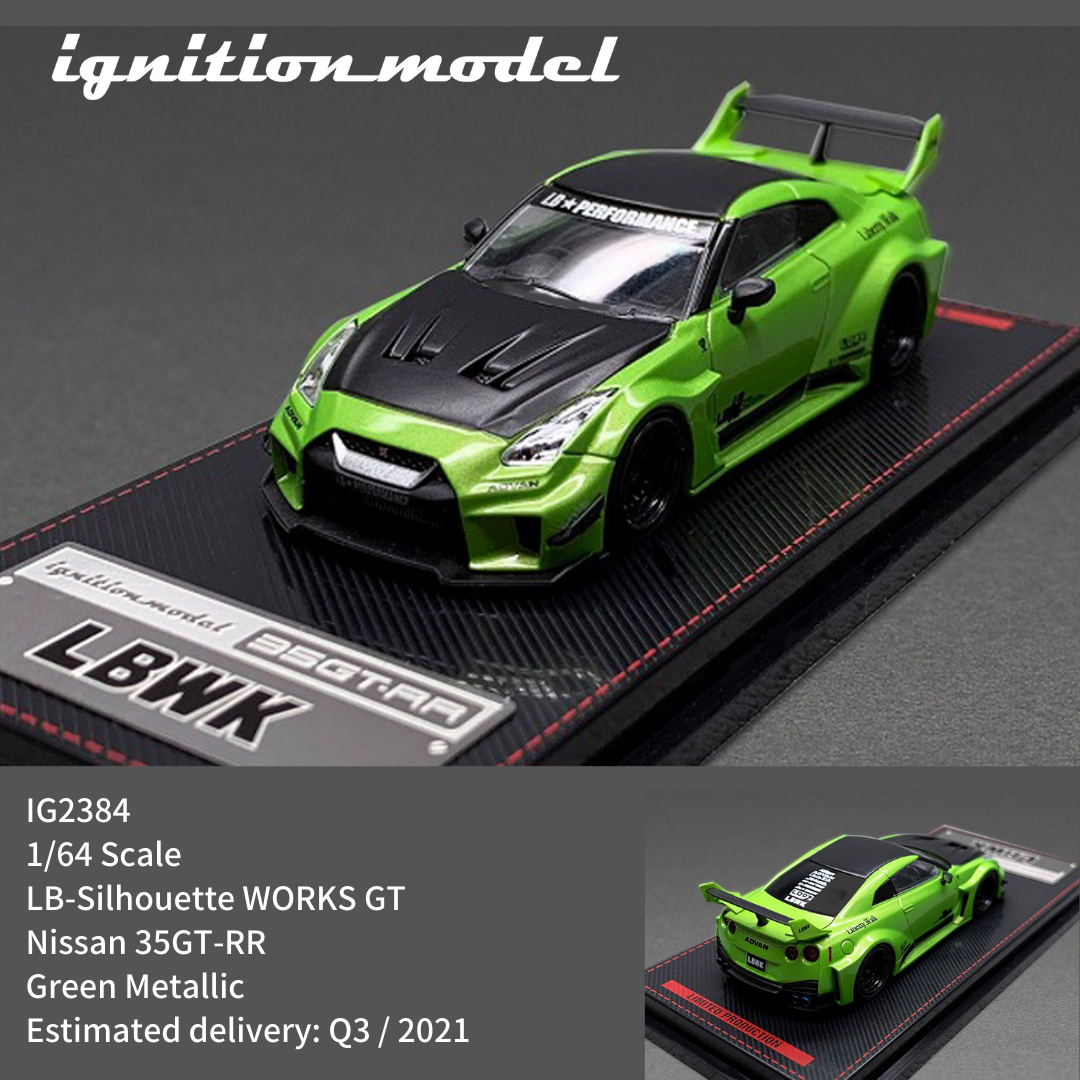 Ignition Model 1/64 LBWK Silhouette Works GT 35GT-RR Green Metallic with Carbon Bonnet - Diecast Toyz Australia