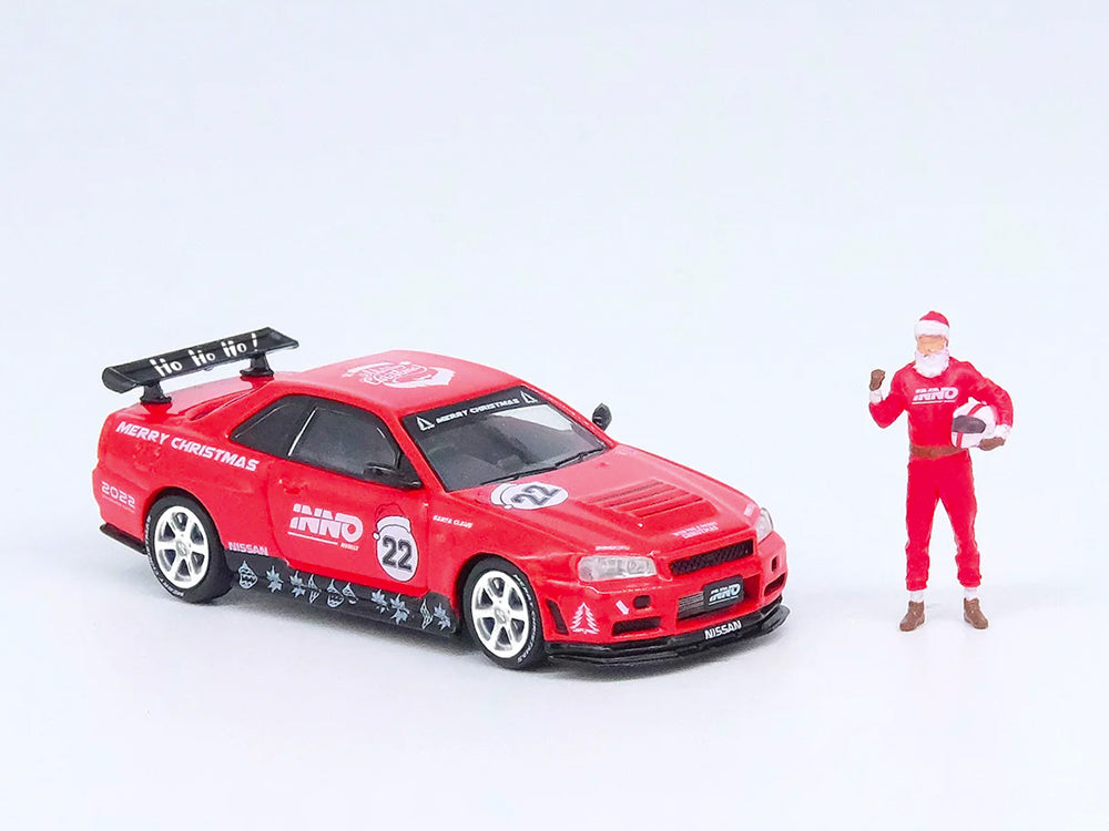Inno64 Nissan Skyline R34GTR Xmas 22 Special Edition with Santa Clause Figure Included - Diecast Toyz Australia