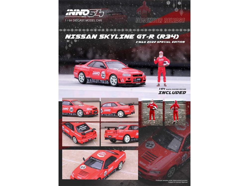 Inno64 Nissan Skyline R34GTR Xmas 22 Special Edition with Santa Clause Figure Included - Diecast Toyz Australia
