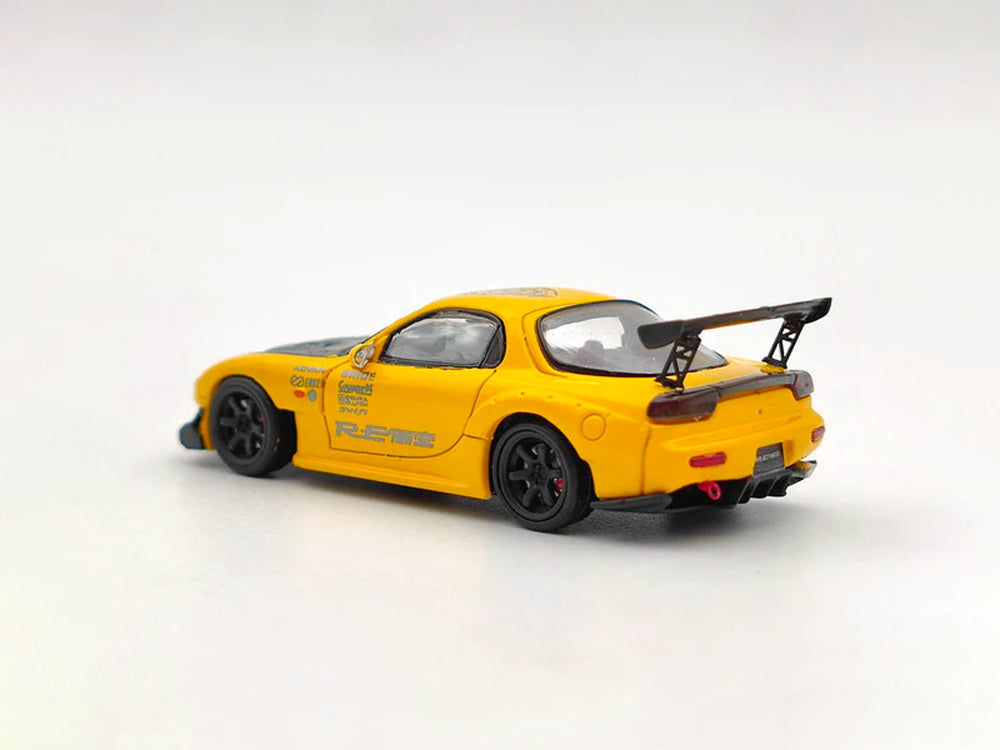 Master 1/64 RE Amemiya Mazda RX7 FD3S with Opening Bonnet Yellow with Carbon Bonnet - Diecast Toyz Australia