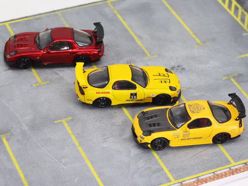 Master 1/64 RE Amemiya Mazda RX7 FD3S with Opening Bonnet Yellow with Carbon Bonnet - Diecast Toyz Australia