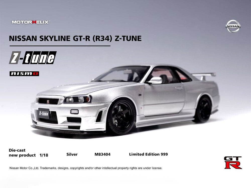 MotorHelix 1/18 Nissan Skyline GTR R34 Z Tune Silver - Diecast Toyz Australia