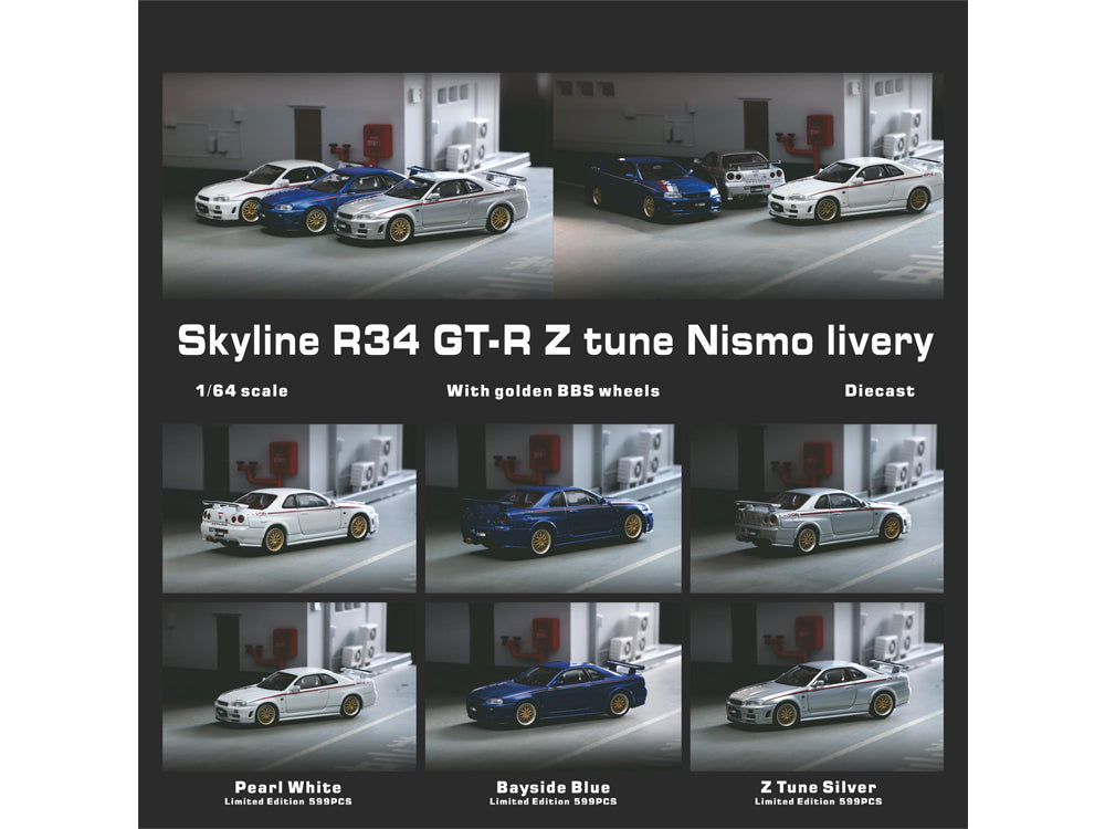 Stance Hunters 1/64 Nissan Skyline GT-R R34 Z Tune Nismo Livery with Gold BBS Wheels Pearl White - Diecast Toyz Australia