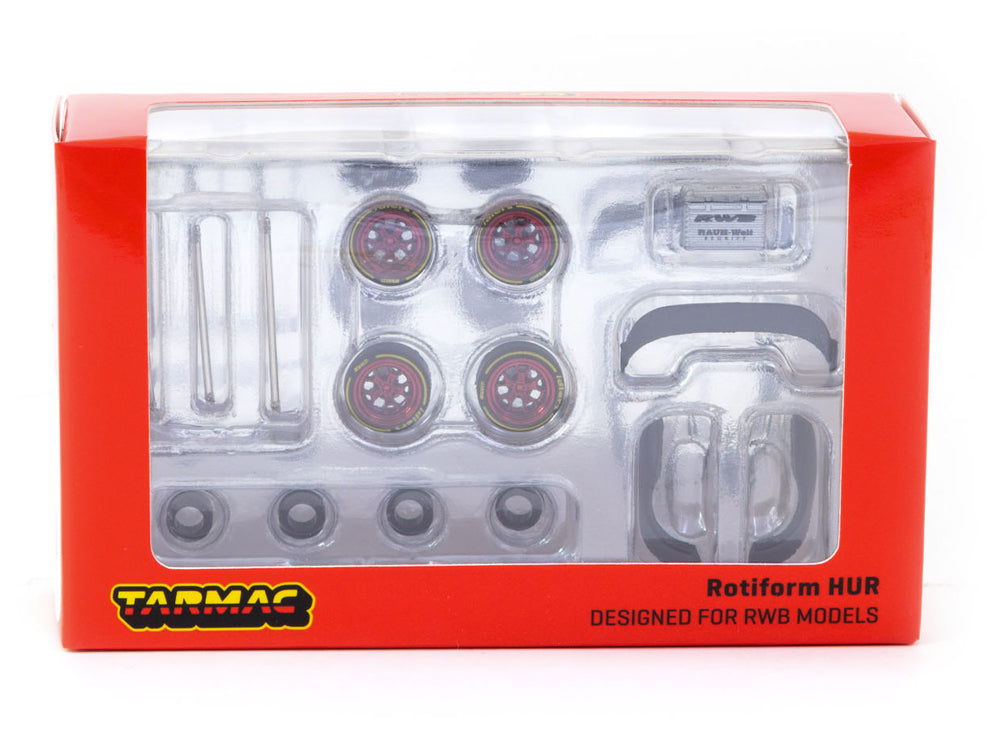 Tarmac Works 1/64 Accessories Set for RWB - Rotiform HUR Wheels Chrome Red - Diecast Toyz Australia