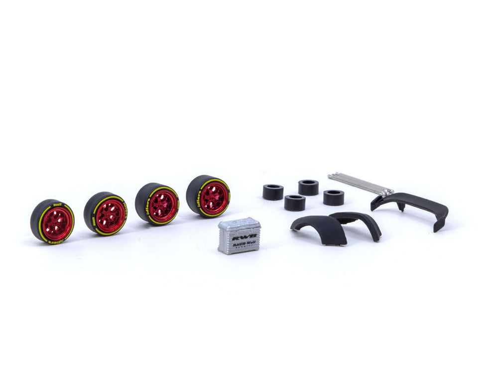 Tarmac Works 1/64 Accessories Set for RWB - Rotiform HUR Wheels Chrome Red - Diecast Toyz Australia