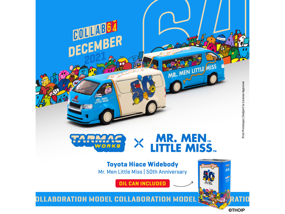 Tarmac Works 1/64 Toyota Hiace Widebody Van Mr Men Little Miss with Metal Oil Tin - Diecast Toyz Australia